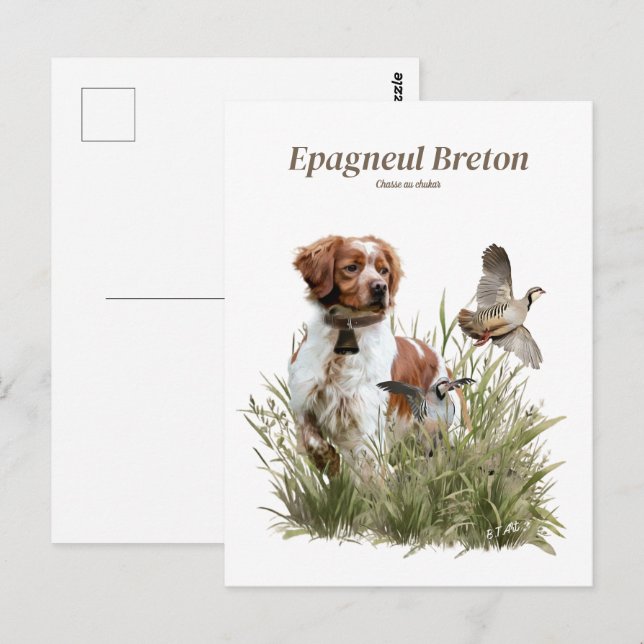 Cartão Postal Caça com um cão Brittany, Art (Frente/Verso)