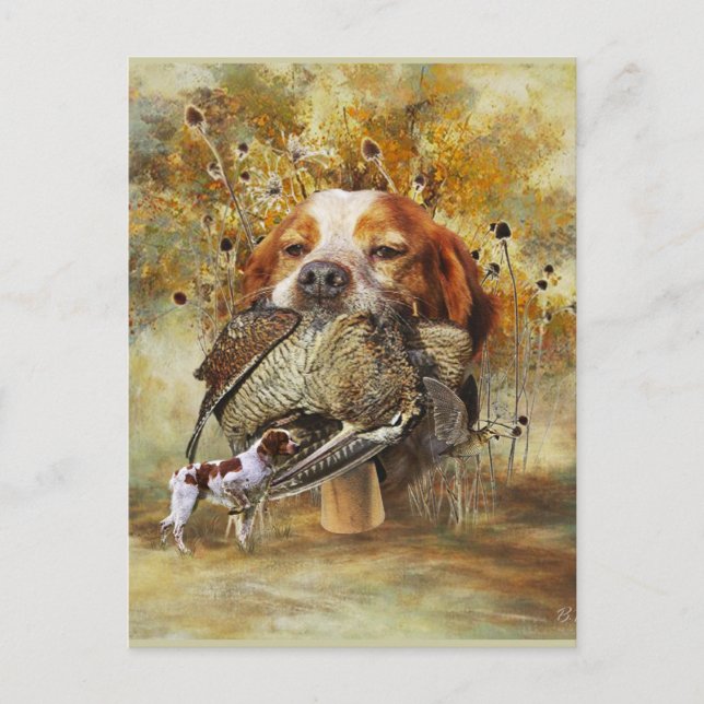 Cartão Postal Caça de pau com Brittany Spaniel (Frente)