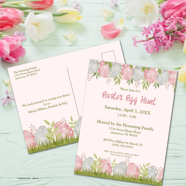 Cartão Postal Caça Personalizável De Ovos De Páscoa Com Edite De (Egg-stra Sweet Easter Egg Hunt Postcard Invitation)