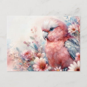Cartão Postal Cacatua Galah Rosa Aquarela Floral