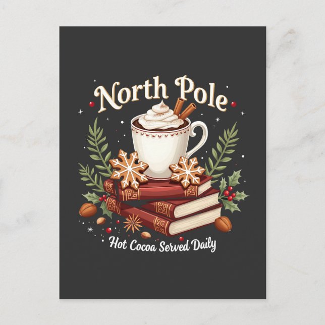 Cartão Postal Cacau Quente do Polo Norte Servido no Natal (Frente)