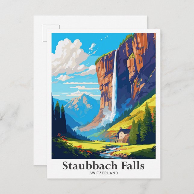 Cartão Postal Cachoeira Staubbach Ilustração de Viagem Suíça (Frente/Verso)