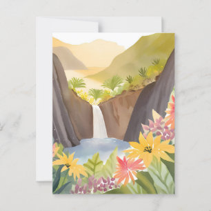 Cartão Postal Cachoeira Tropical   Paisagem Floral em Aquarela