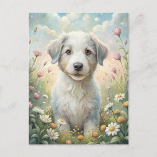 Cartão Postal Cachorrinho Branco Flores Silvestres Pastel Margar