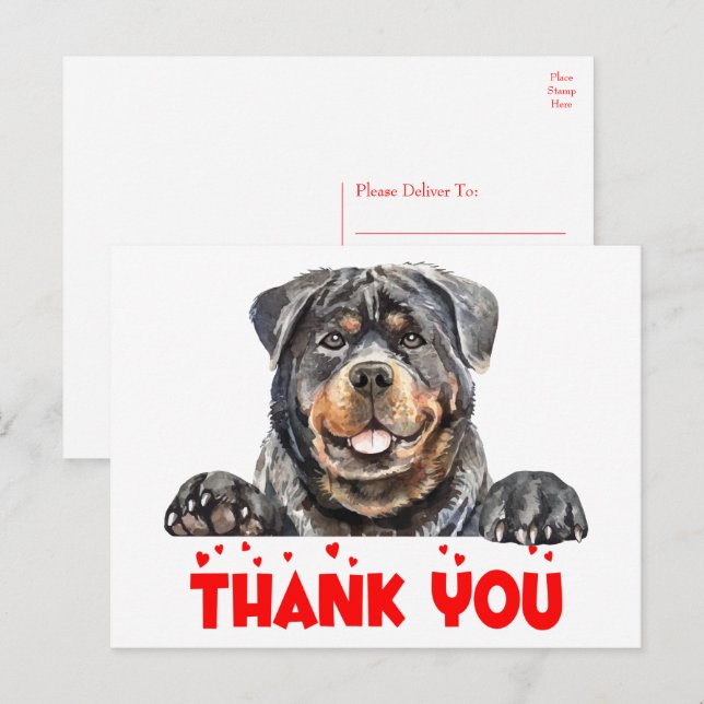 Cartão Postal Cachorrinho Fofo Aquarela Rottweiler Obrigado (Frente/Verso)