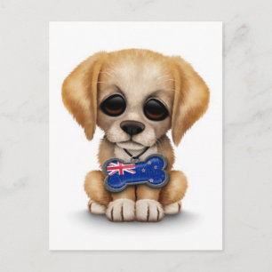 Cartão Postal Cachorrinho Fofo com Placa da Bandeira da Nova Zel