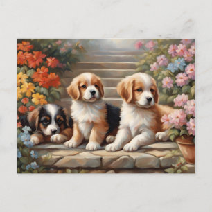 Cartão Postal Cachorrinhos Fofos no Jardim de Flores