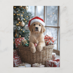 Cartão Postal Cachorro Adorável com Papai Noel na Cesta