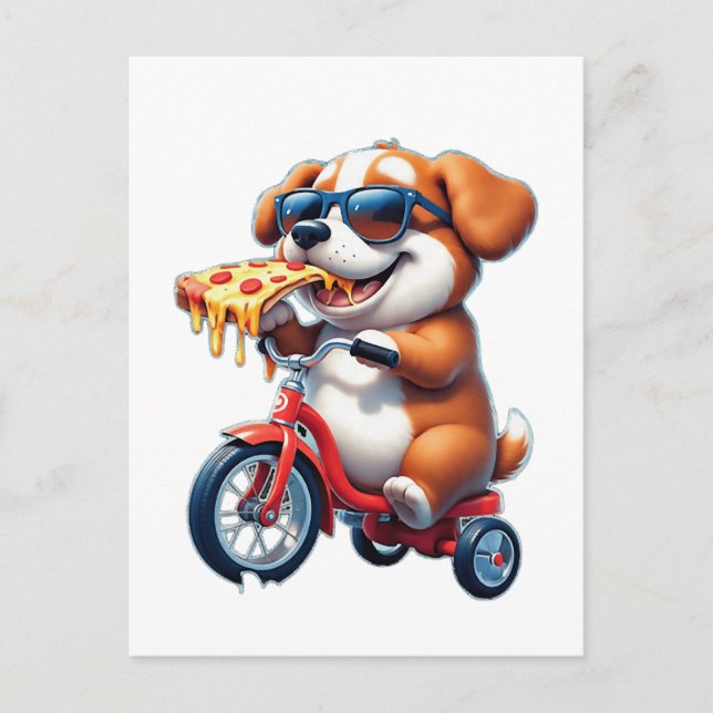 Cartão Postal cachorro andando de bicicleta comendo pizza (Frente)