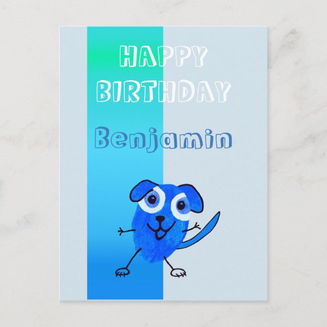 Cartão Postal Cachorro Azul Desenho Feliz Crianças de Aniversári (Frente)