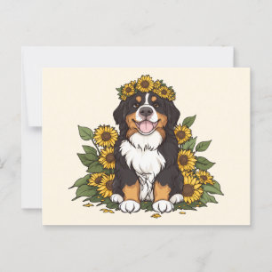 Cartão Postal Cachorro Bernês Fofo Vestindo Coroa de Girassóis