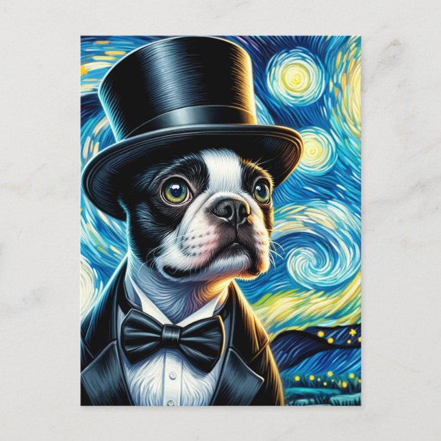 Cartão Postal Cachorro Boston Terrier Fofo com Cartola Van Gogh (Frente)