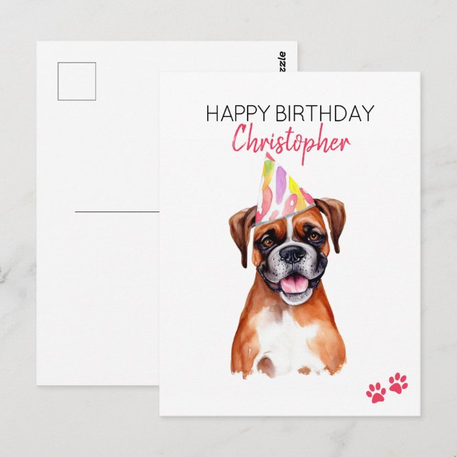 Cartão Postal Cachorro Boxer Personalizado Feliz Aniversário  (Frente/Verso)