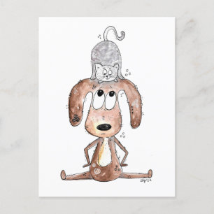 Cartão Postal Cachorro Branco Bonito com Gato na Cabeça