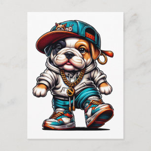 Cartão Postal 🐶 Cachorro Bulldog Fofo Moda de Rua Amante de Cac