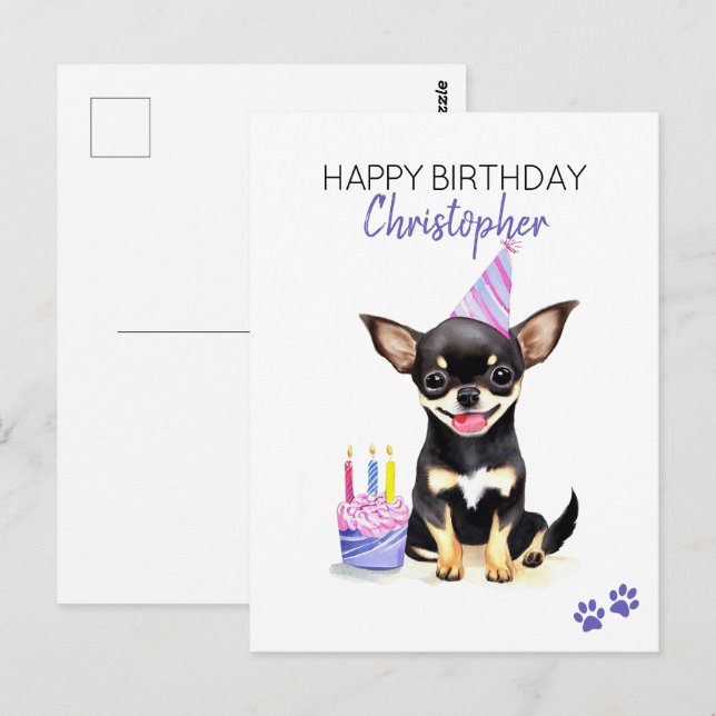 Cartão Postal Cachorro Chihuahua Personalizado Feliz Aniversário (Frente/Verso)
