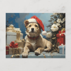 Cartão Postal cachorro com chapéu de santa e muitas caixas de pr