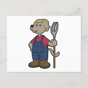 Cartão Postal Cachorro como Fazendeiro com Enxada e Chapéu