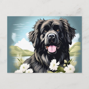 Cartão Postal Cachorro da Terra Nova com Flores Brancas