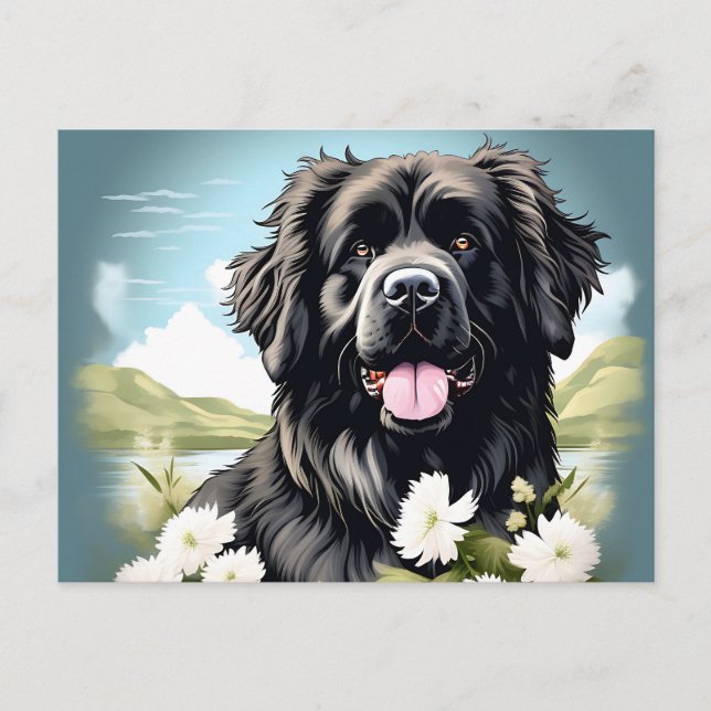 Cartão Postal Cachorro da Terra Nova com Flores Brancas (Frente)