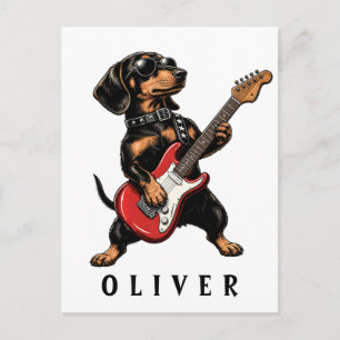 Cartão Postal Cachorro Dachshund Rocker Legal Tocando Guitarra E