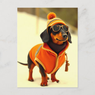 Cartão Postal Cachorro Dachshund Vestido com Roupas de Esqui