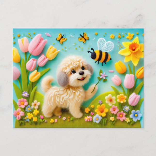 Cartão Postal Cachorro de Feltro com Flores da Primavera (Frente)