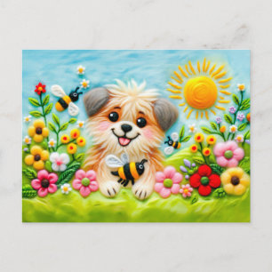 Cartão Postal Cachorro de Feltro em um Jardim Florido com Abelha
