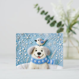 Cartão Postal Cachorro de Feltro na Neve com Cachecol e Pássaro