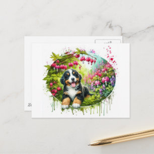 Cartão Postal Cachorro de Montanha Bernês Adorável de Primavera