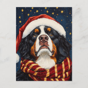 Cartão Postal Cachorro de Montanha Bernês de Natal Fofo com Chap