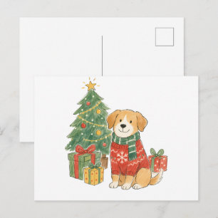 Cartão Postal Cachorro de Natal em Suéter com Árvore de Natal