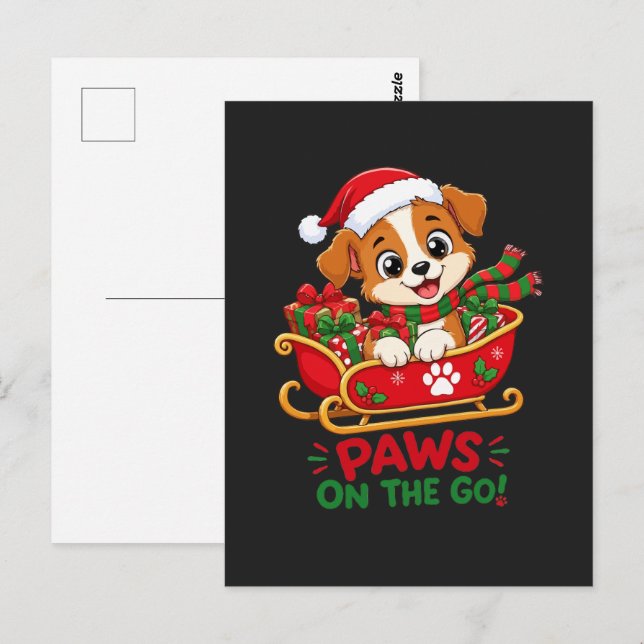 Cartão Postal Cachorro de Natal Fofo em Trenó (Frente/Verso)