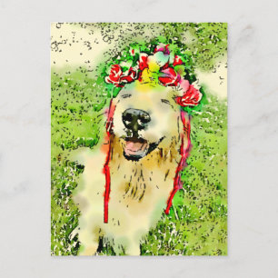 Cartão Postal Cachorro De Retriever ouro Com Aquarela De Flor