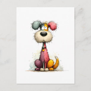 Cartão Postal Cachorro Desgrenhado Colorido Patchwork Engraçado