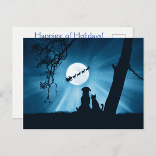 Cartão Postal Cachorro e Papais noeis de gatos de férias