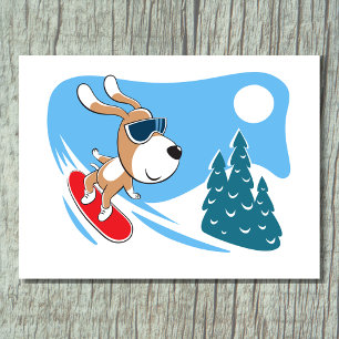 Cartão Postal Cachorro Engraçado de Snowboard Esporte de Inverno