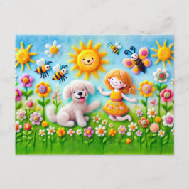 Cartão Postal Cachorro Feliz e Criança no Jardim Flor