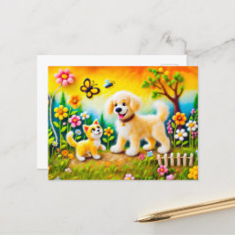 Cartão Postal Cachorro Feliz e Gato no Jardim Sunset Ouro