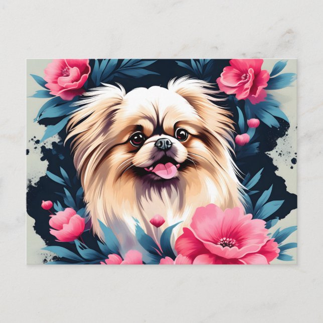 Cartão Postal Cachorro Floral Pekingese Repleto (Frente)