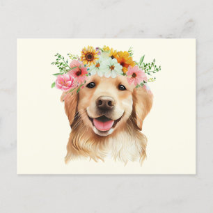 Cartão Postal Cachorro fofo do Golden Retriever com Flores 