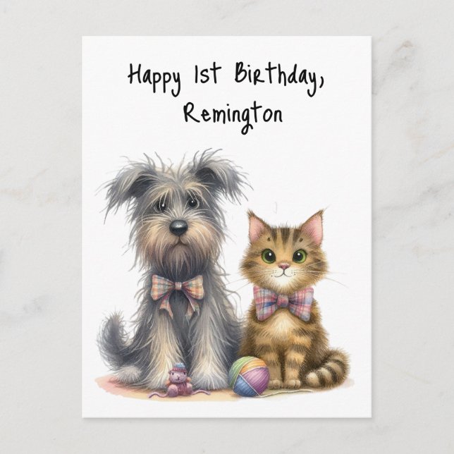 Cartão Postal Cachorro Fofo e Gato Feliz 1º Aniversário Personal (Frente)