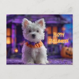 Cartão Postal Cachorro Fofo Feliz Dia das Bruxas Casa Assombrada