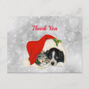 Cartão Postal Cachorro Fofo Gato Papai Noel Chapéu Natal Obrigad
