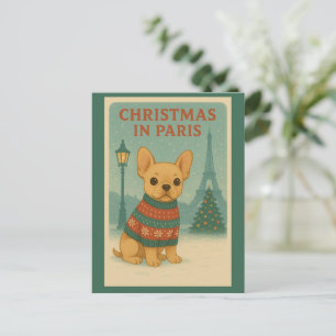Cartão Postal Cachorro francês fofo de Natal em Paris Vintage