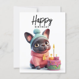 Cartão Postal Cachorro francês fofo, vestido rosa, bolo de anive