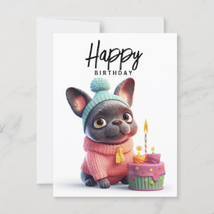Cartão Postal Cachorro francês fofo, vestido rosa, bolo de anive