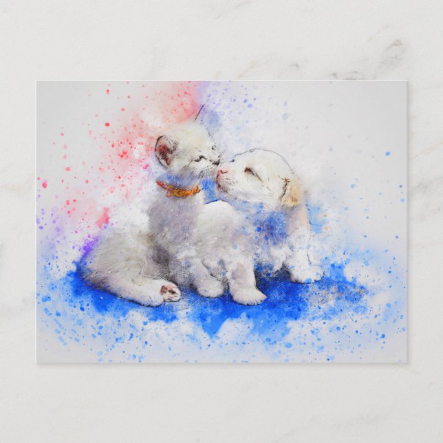 Cartão Postal Cachorro Gato Aquarela Amor Cutense (Frente)