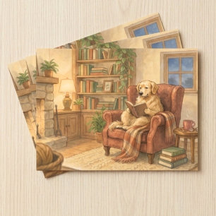 Cartão Postal Cachorro Golden Retriever Aconchegante Lendo perto