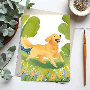Cartão Postal Cachorro Golden Retriever Feliz Pintura em Aquar